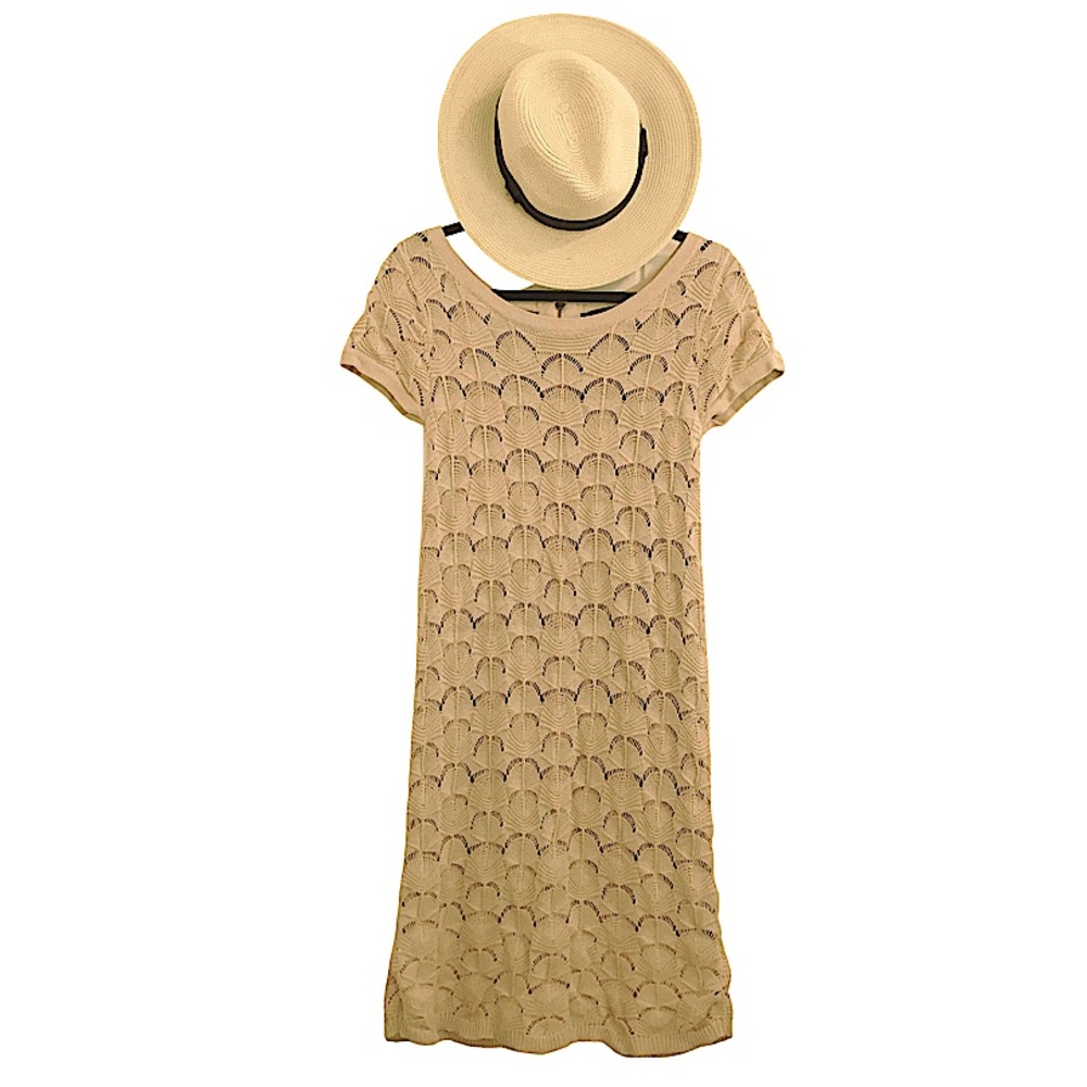 Tan Crochet Dress Cotton Knit Fully Lined